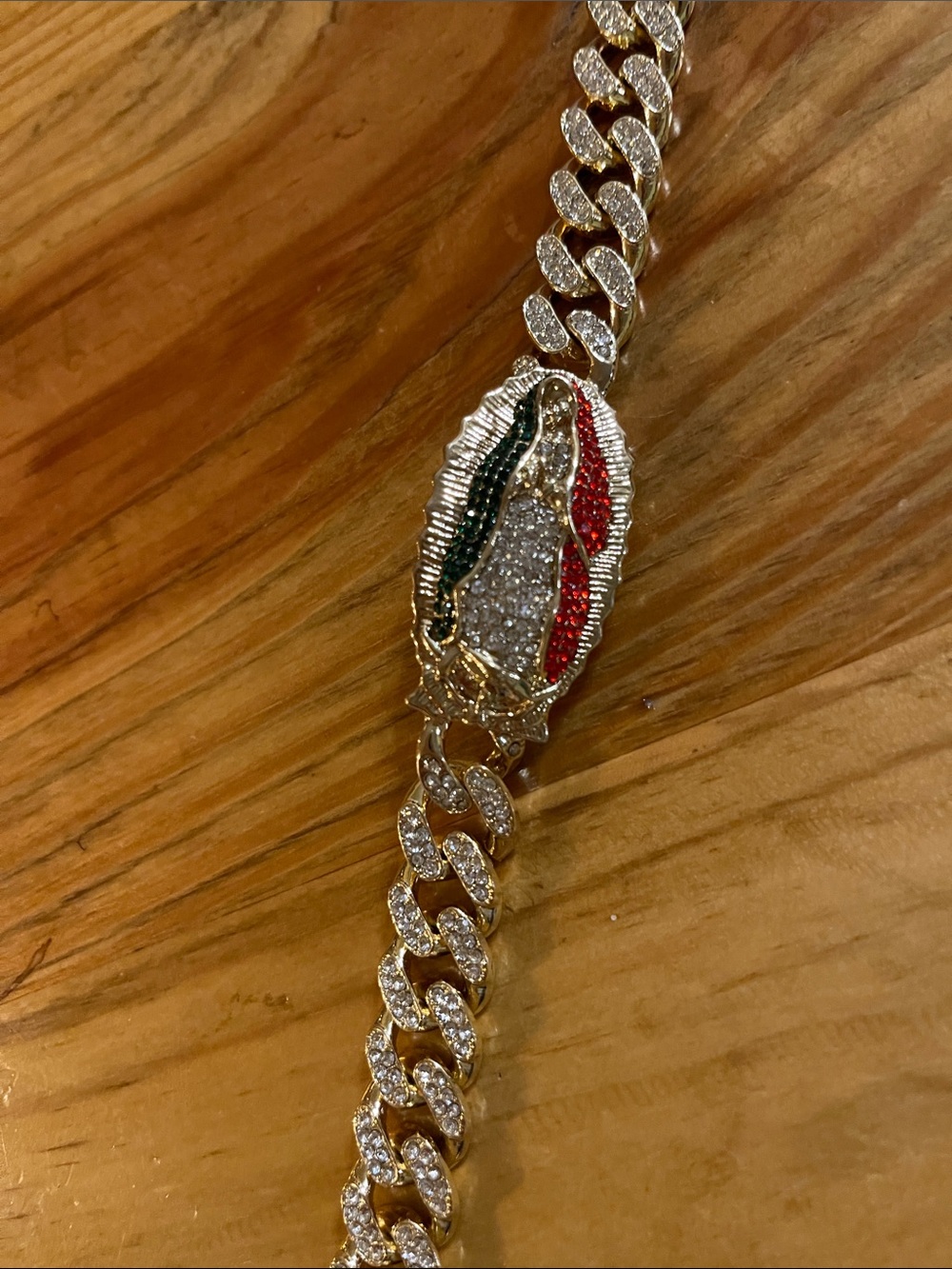 Gold-Tone Cuban Link Bracelet with Red, Green & White Pavé Medallion